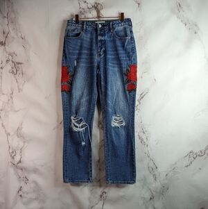 Pacsun Mom Jean Size 26 High Rise Rose Floral Embroider Distress Denim Button